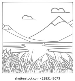 Nice Mountain, river and Sky landscape coloring Book. Vector illustration.