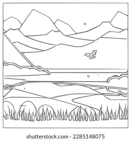 Nice Mountain, river and Sky landscape coloring Book. Vector illustration.