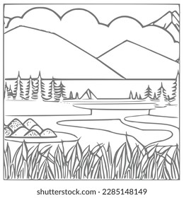 Niza Montaña, río y paisaje de cielo coloreado Libro. Ilustración vectorial.