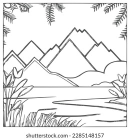 Nice Mountain, river and Sky landscape coloring Book. Vector illustration.