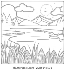Nice Mountain, river and Sky landscape coloring Book. Vector illustration.