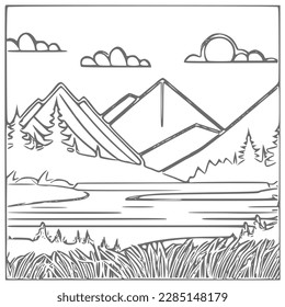 Nice Mountain, river and Sky landscape coloring Book. Vector illustration.