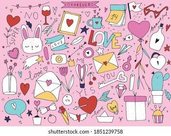 Nice multi-colored doodle, painted with bright colors for Valentine's Day. Cute collection of cute elements. Hand drawing linear. Printing decor