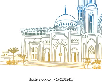 Nice muslim mosque in Egypt. Beautiful Egyptian landscape. Hand drawn colourful sketch. Urban background on white.