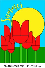 A nice naife landscape with red tulips and a shiny yellow sun on blue sky - Vector