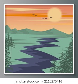 Nice natural landscape. A river among fields, hills, a coniferous forest against the backdrop of mountains, a sky with the sun, birds and clouds. Author's work. Vector.