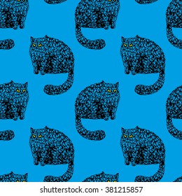 Nice night seamless pattern illustration with doodle hand drawn black cats on blue isolated background in vector. Cute rough textured black cats