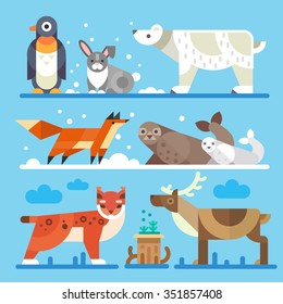 Nice north and arctic animals and birds: Imperial penguin, hare, polar white bear, fox, seals, lynx, bobcat. moss, reindeer. Flat vector stock illustration. 