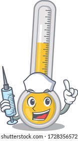 A nice nurse of warm thermometer mascot design concept with a syringe