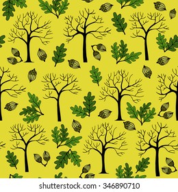 Nice oak tree with yellow background. Vector seamless pattern.