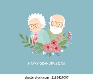 Nice old couple. Vector grandparents. Cartoon characters. Grandma and Grandpa's Day. Postre, postcard, invitation.