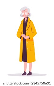 Nice old lady in orange coat. Vector illustration in flat cartoon style isolated on white background