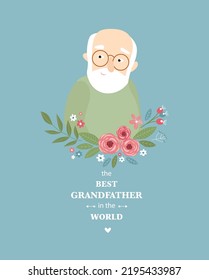 Nice old man. Vector grandfather. The best grandfather in the world. Cartoon character. Grandma and Grandpa's Day. Poster, postcard, invitation.