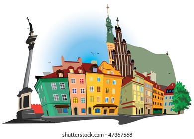 Nice old part of Warsaw Poland capital. Castle square panoramic view. Color vector illustration.