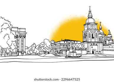 Nice old square in the center of Kyiv. Ukraine. Hand drawn line sketch. Urban background. Yellow sunshine.