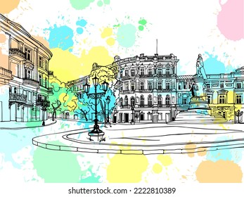 Nice old square. Odessa, Ukraine. Urban landscape. Hand drawn sketch. Line art. Ink drawing. Black and white vector background on blobs. Without people.