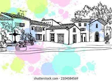 Nice Old street in romantic Provence, France. Urban background in hand drawn sketch style. Ink line drawing. Vector illustration on colourful blobs  background
