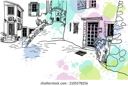Nice Old street in romantic Provence, France. Urban background in hand drawn sketch style. Ink line drawing. Vector illustration on colorful blobs  background