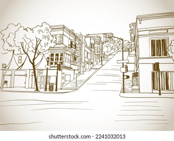 Bonita calle antigua en San Francisco, California, Estados Unidos. Paisaje urbano. Estilo de esbozo. Dibujo manual de la ilustración sepia. Fondo vectorial.