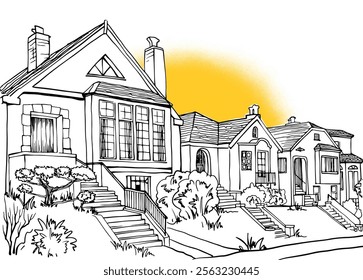 Nice old street in San Francisco, California, USA. Urban sketch. Hand drawn urban landscape. Line art. White background. Vector illustration. Vintage postcard style.