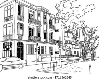 Bonita calle antigua en Tel Aviv, romántico paisaje urbano, Israel. Dibujo de la línea manuscrita. Dibujo manual. Ilustración vectorial sobre fondo blanco.