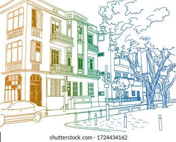 Nice old street in Tel Aviv, romantic urban landscape, Israel. Colourful Ink line sketch. Hand drawing. Vector illustration on white background