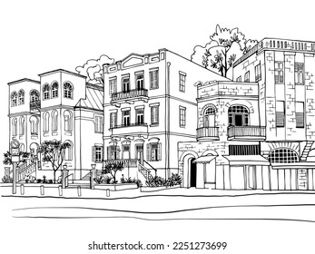 Nice Old street in Tel Aviv, Israel. Ink line sketch. Hand drawing. Vector illustration on  white background.