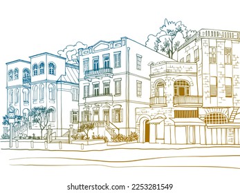 Nice Old street in Tel Aviv, Israel. Ink line sketch. Hand drawing. Colourful Vector illustration on  white background.