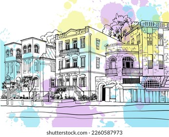 Nice Old street in Tel Aviv, Israel. Ink line sketch. Hand drawing. Colourful Vector illustration on  blobs background.