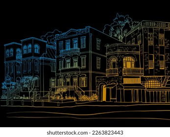 Nice Old street in Tel Aviv, Israel. Ink line sketch. Hand drawing. Colourful Vector illustration on  black  background.