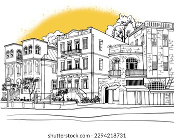 Nice Old street in Tel Aviv, Israel. Ink line sketch. Hand drawing. Vector illustration on  yellow background.