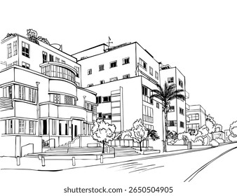 Nice Old street em Tel Aviv, Israel. Esboço de linha de tinta. Desenho da mão. Ilustração vetorial sobre fundo branco. Fundo urbano. Estilo de cartões-postais.
