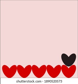 Nice one black and red heart shaped symbols on a soft pink background with copy space. Romantic abstract and broken heart shape symbol on Valentine's Day.- vector