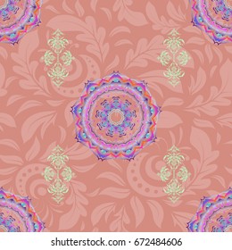 Nice orange and blue hand-drawn seamless vector illustration. Elegant seamless pattern with and Mandala elements.