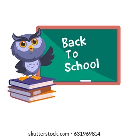Nice owl, he is pointing a blackboard with the text back to school