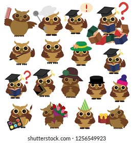 nice owls with different objects on white 