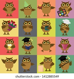 nice owls on patchwork background 