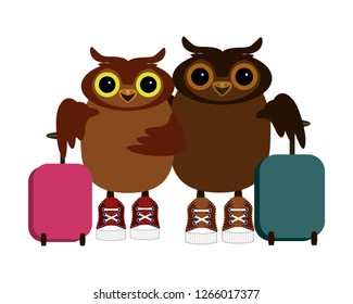 nice owls wih baggage isolated on white 
