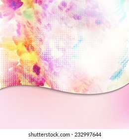 Nice pastel colored artistic hand drawn card or invitation background with shining blurry watercolor abstract texture and place for your text.