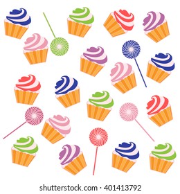 Nice pattern with colorful cupcakes and lollipops on a white background