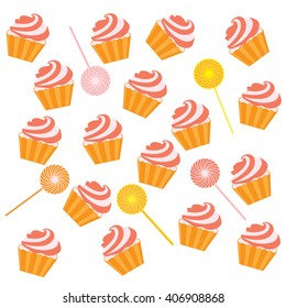 Nice pattern with colorful cupcakes and lollipops on a white background