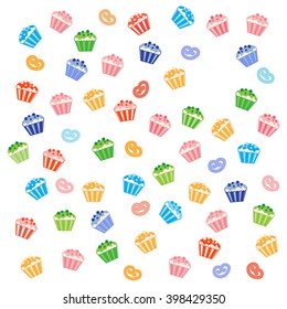 Nice pattern with colorful cupcakes and other pastries on a white background