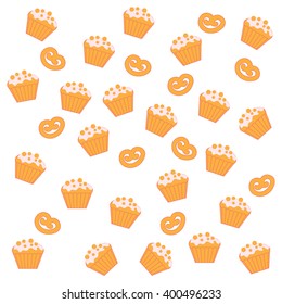 Nice pattern with colorful cupcakes and other pastries on a white background