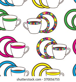 Nice pattern with colorful, mosaic  cup and plates on white background