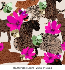 Nice pattern design with leopard, chetta texture and spring flowers, beige and coffee colors for fashion clothes, fabric, shirts. Exotic feline with colorful flowers.