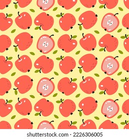 Nice pattern with hand-drawn apples. Fruits, leaves for summer fabric seamless print. Red delicious fruits from farm harvest for dessert. Repeat wallpaper for decor of kitchen, dining room, garden.
