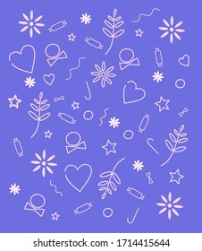 Nice pattern with hearts, candy, stars, leaves and sticks on classic blue background. Trendy pattern. Vetor. Illustration.