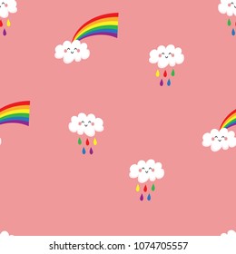 A nice pattern with rainbows and clouds. Rainbow on the cloud. Rain. Multicolored drops. Children's funny pattern.