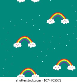 A nice pattern with rainbows and clouds. Rainbow on the cloud. Rain. Multicolored drops. Children's funny pattern.