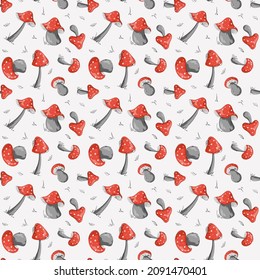Nice pattern of red mushrooms on a white background.
Seamless vector pattern with cute cartoon forest mushrooms fly agaric.
Cartoon design for use in textiles, backgrounds, baby items, postcards